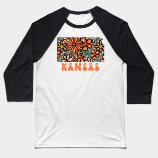 Kansas State Design | Artist Designed Illustration Featuring Kansas State Outline Filled With Retro Flowers with Retro Hand-Lettering Baseball T-Shirt